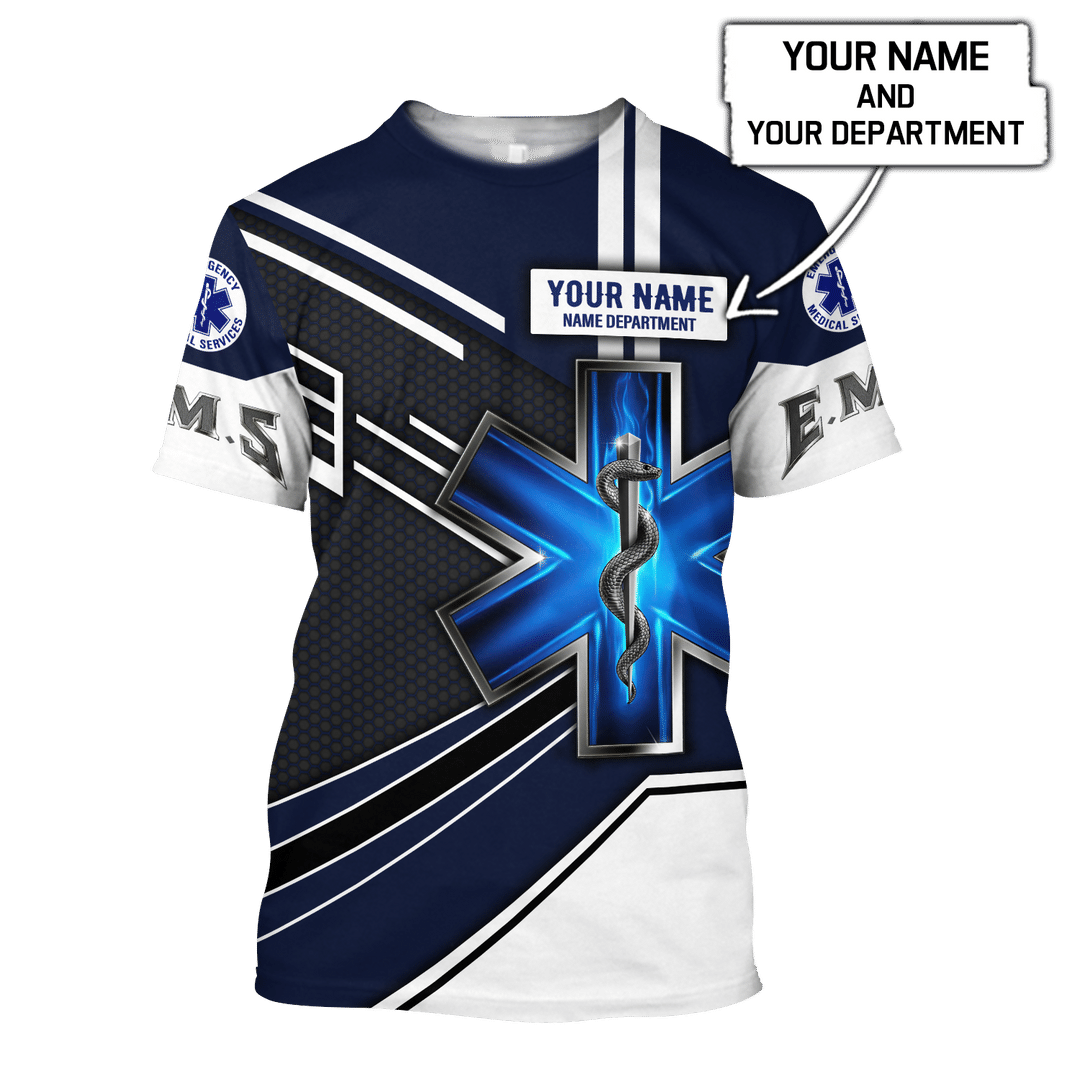 Personalized EMS paramedic t-shirt featuring navy and white ems emblem all-over print, short-sleeve design