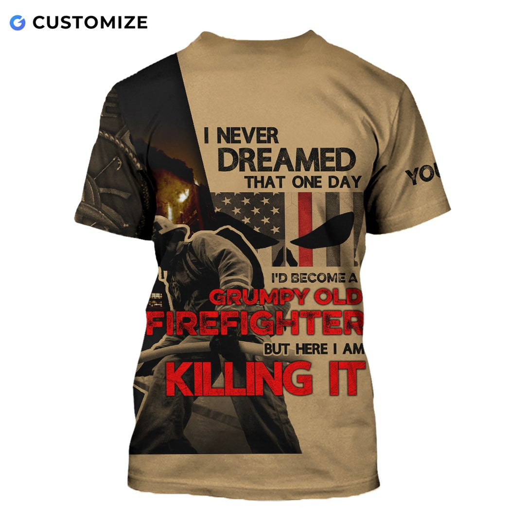 Personalized firefighter t-shirt featuring tan firefighter illustration all-over print, back view