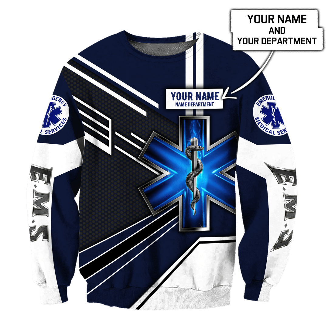 Personalized EMS paramedic sweatshirt featuring navy and white ems emblem all-over print, crewneck design