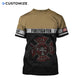 Personalized firefighter t-shirt featuring tan and black fire department all-over print, back view