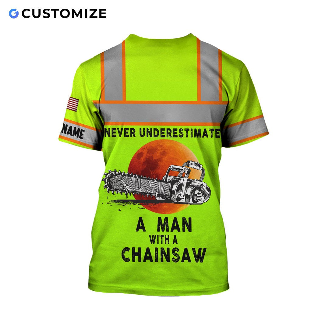Personalized logger t-shirt featuring neon yellow orange stripe logger badge all-over print, back view