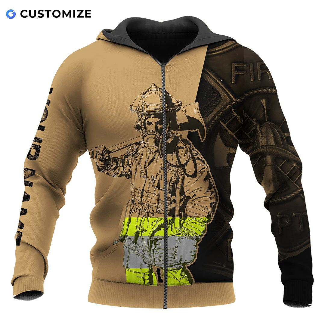 Personalized firefighter zip hoodie featuring tan firefighter illustration all-over print, zip-front design