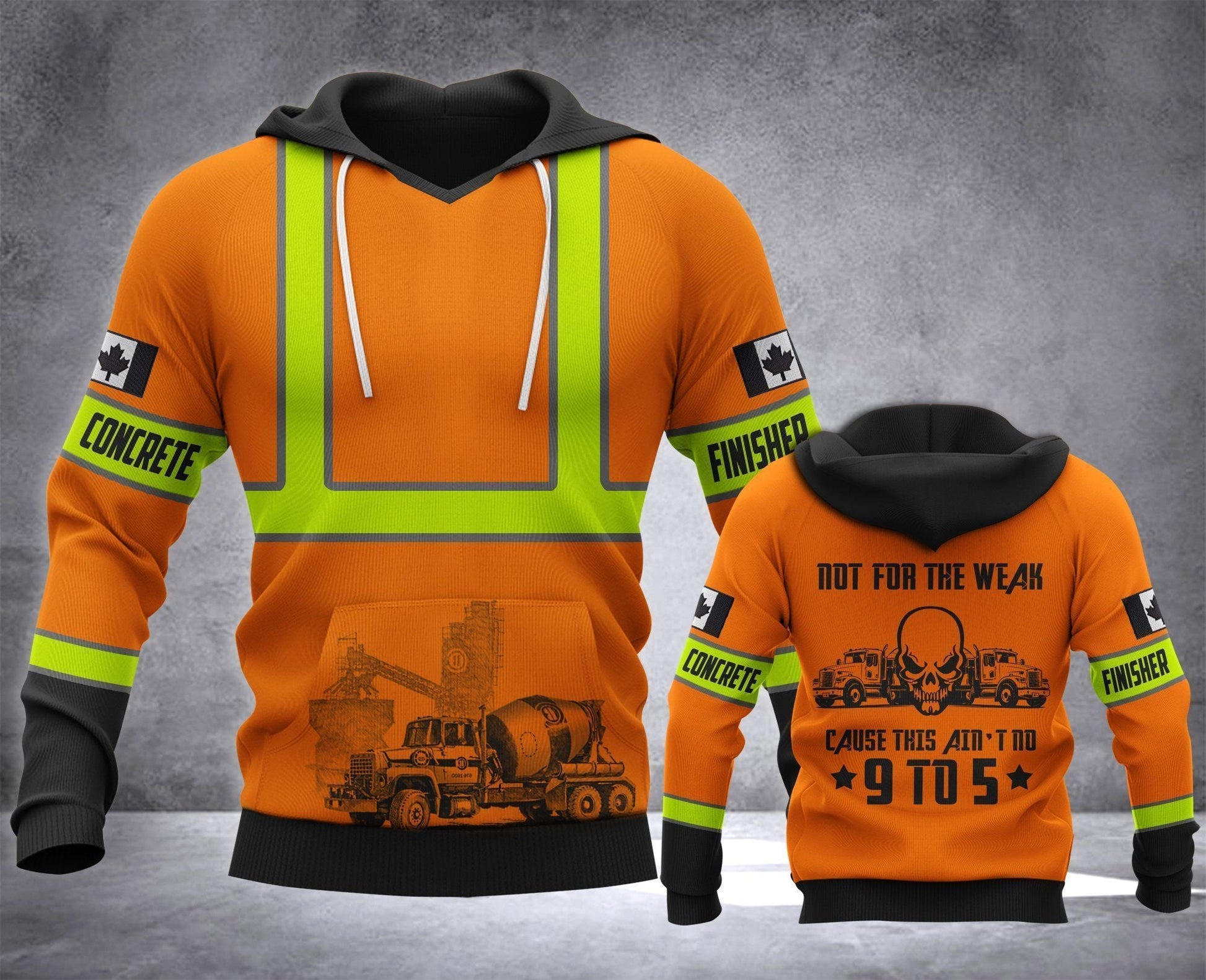 Concrete finisher hoodie featuring orange vest print and nine to five quote all-over print