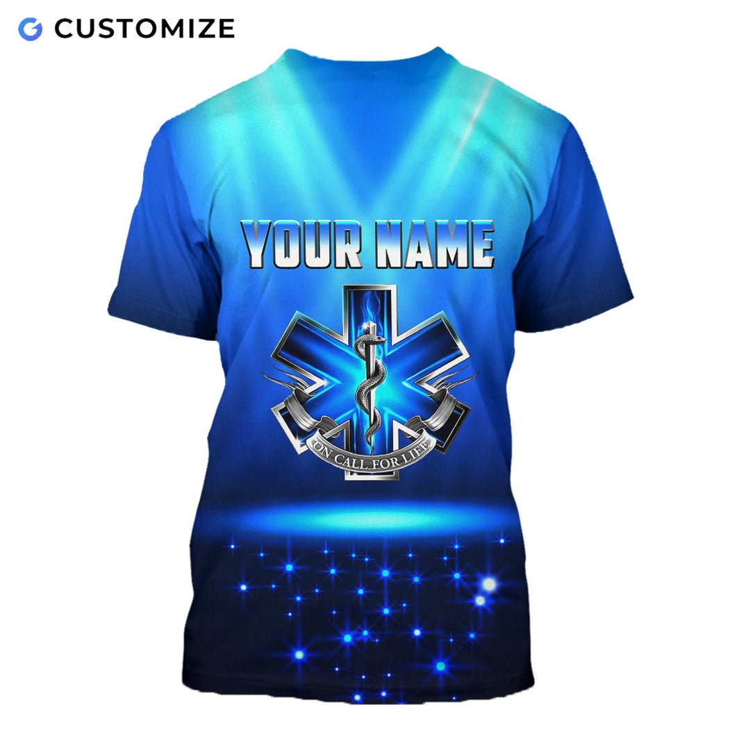 Personalized EMS paramedic t-shirt featuring blue ems on call for life all-over print, back view