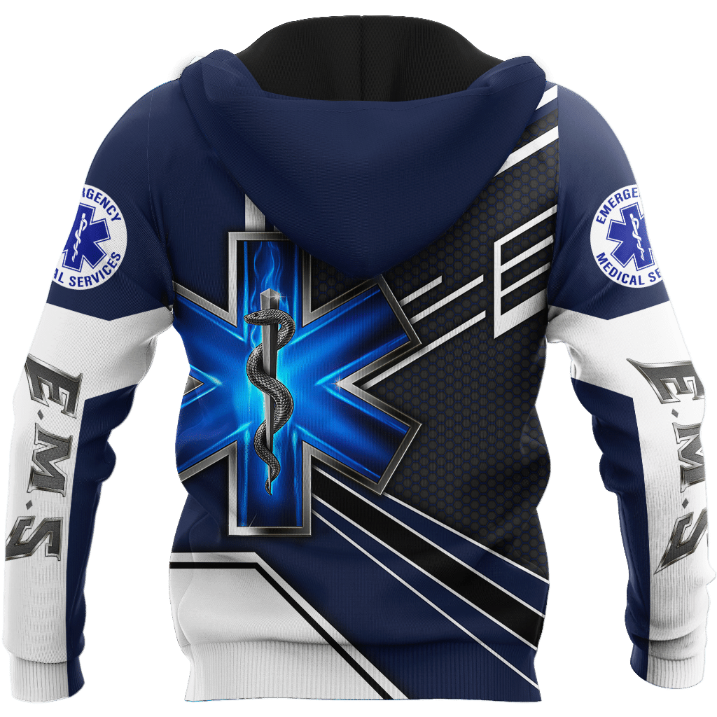 Personalized EMS paramedic hoodie featuring navy and white ems emblem all-over print, back view