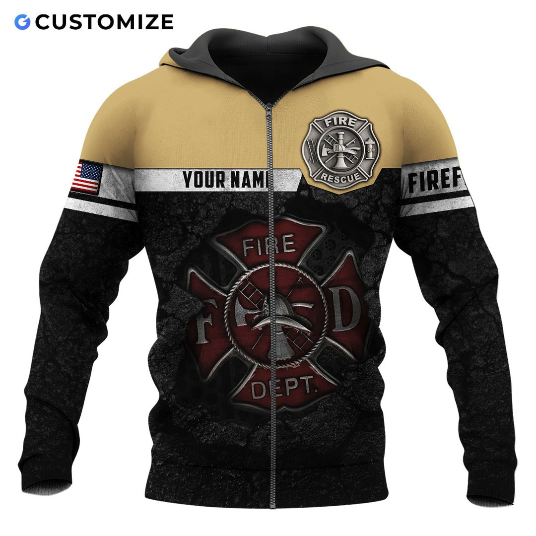 Personalized firefighter zip hoodie featuring tan and black fire department all-over print, zip-front design