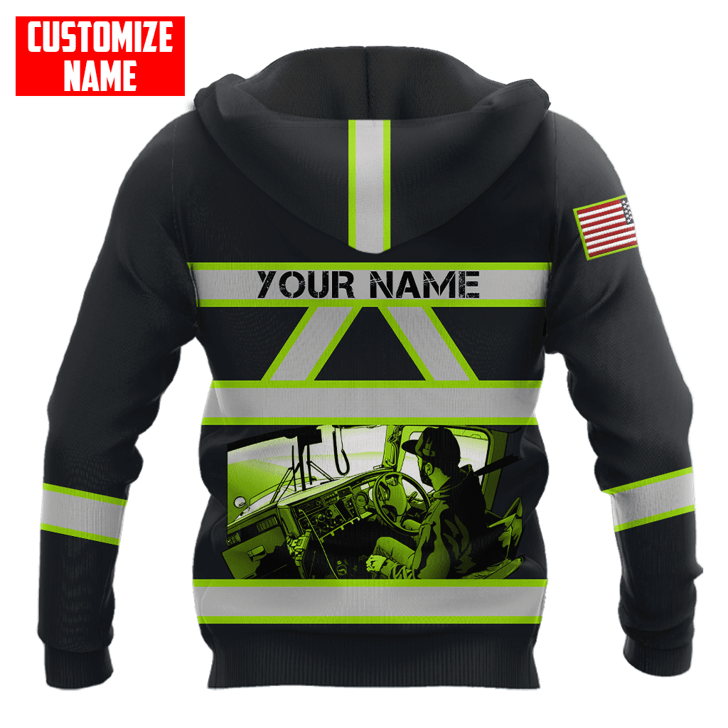 Personalized trucker hoodie featuring black and yellow truck driver print all-over print, back view