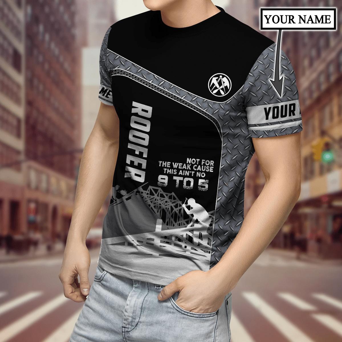 Personalized roofer t-shirt featuring grey steel plate and roof frame all-over print