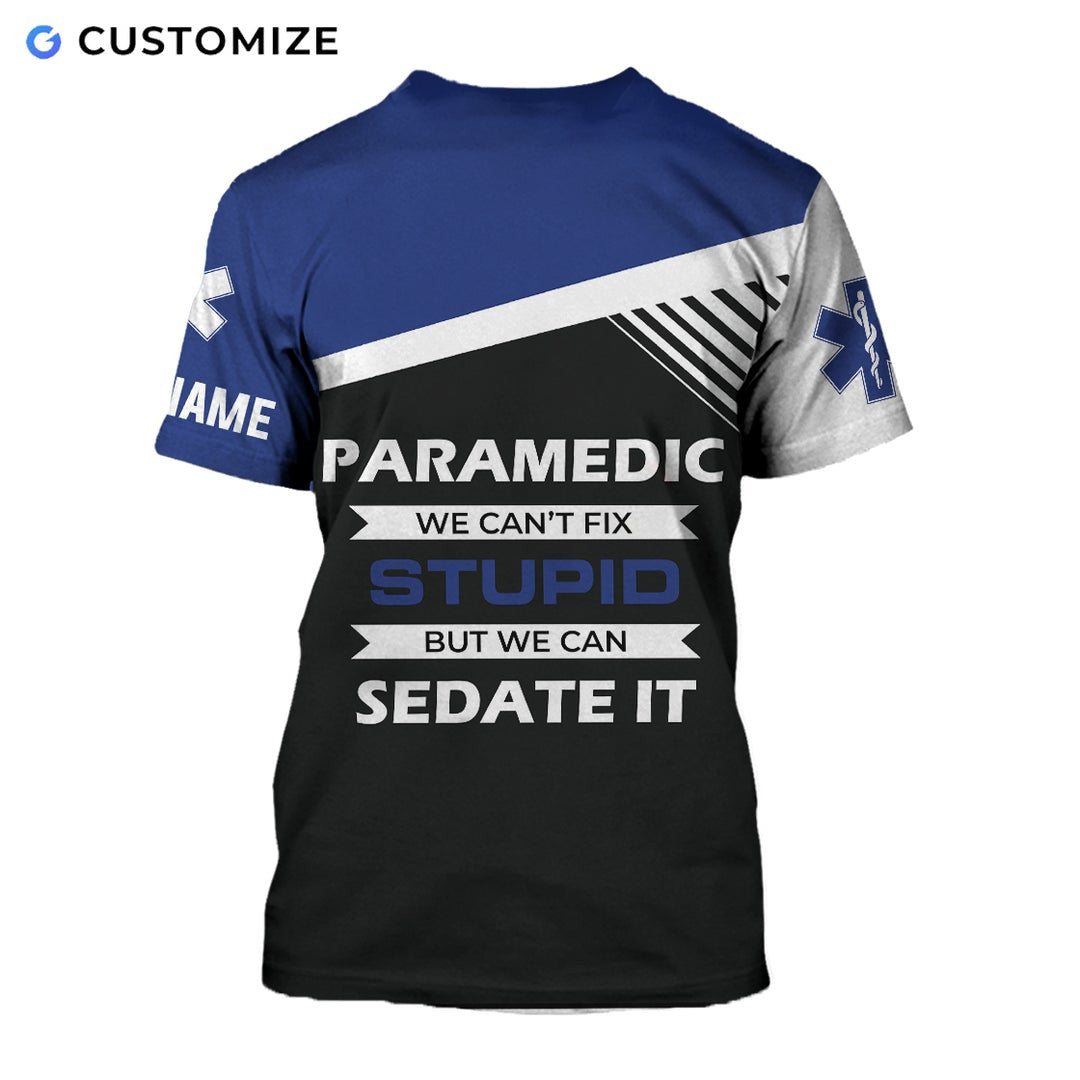 Personalized EMS paramedic t-shirt featuring blue and white snake emblem all-over print, back view