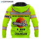 Personalized logger hoodie featuring neon yellow orange stripe logger badge all-over print, back view