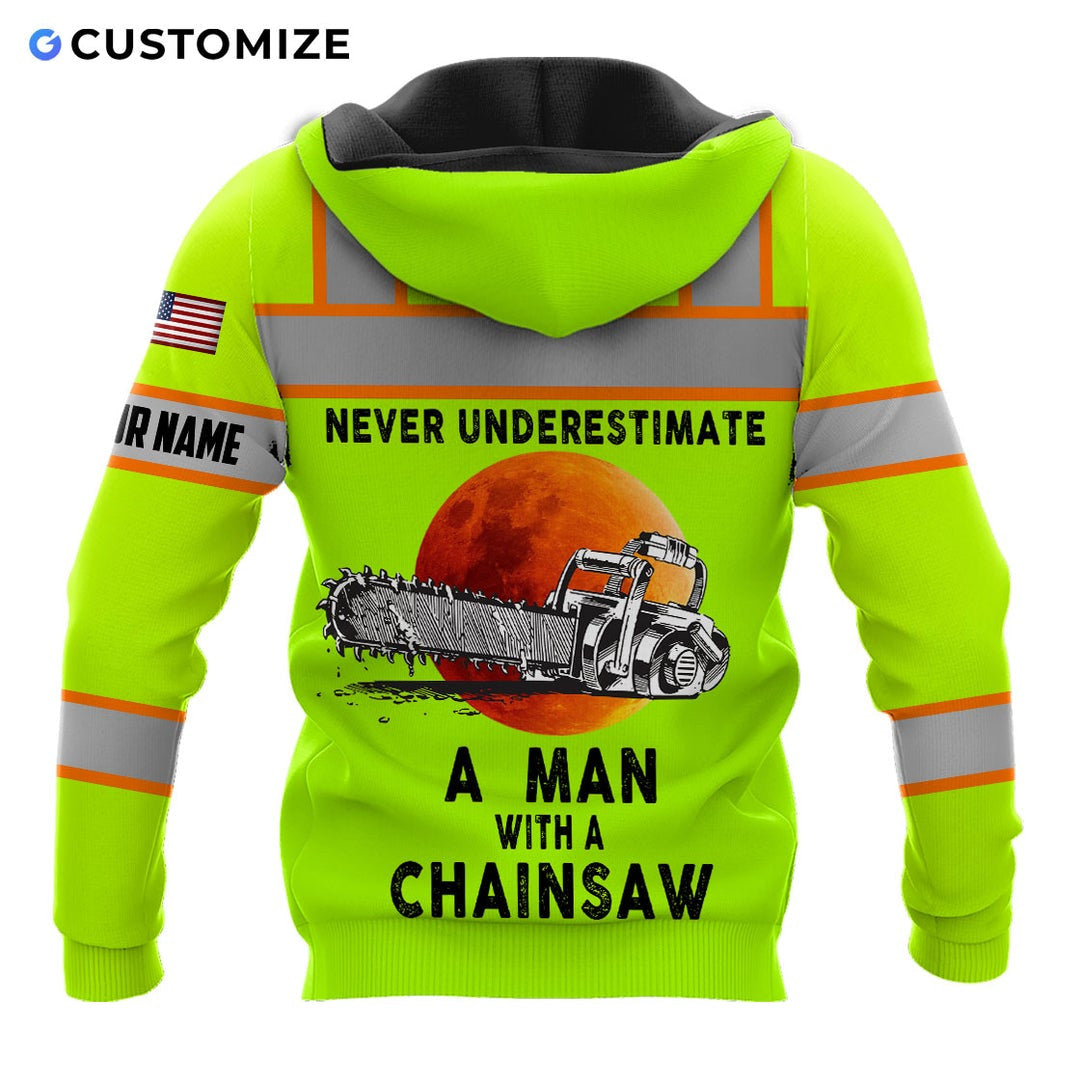 Personalized logger hoodie featuring neon yellow orange stripe logger badge all-over print, back view