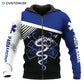 Personalized EMS paramedic zip hoodie featuring blue and white snake emblem all-over print, zip-front design