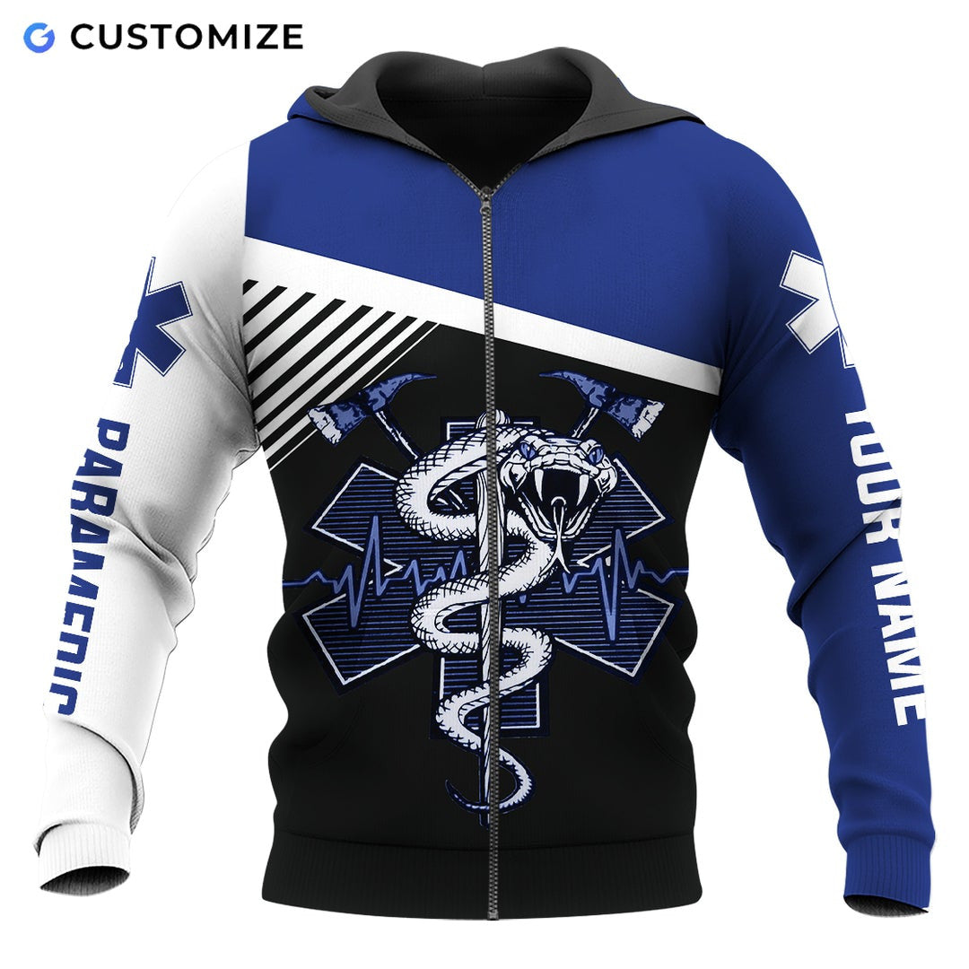 Personalized EMS paramedic zip hoodie featuring blue and white snake emblem all-over print, zip-front design