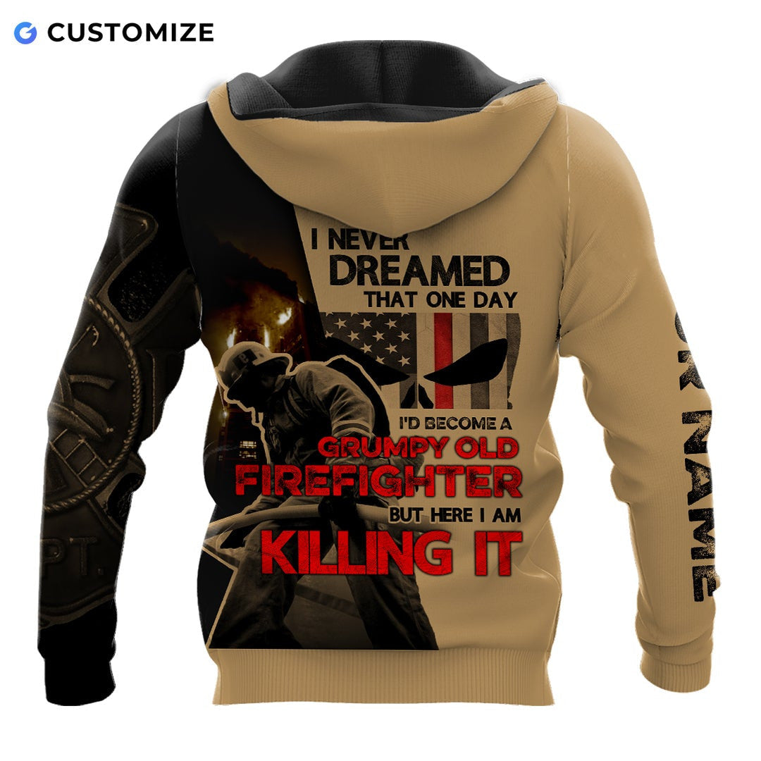 Personalized firefighter hoodie featuring tan firefighter illustration all-over print, back view