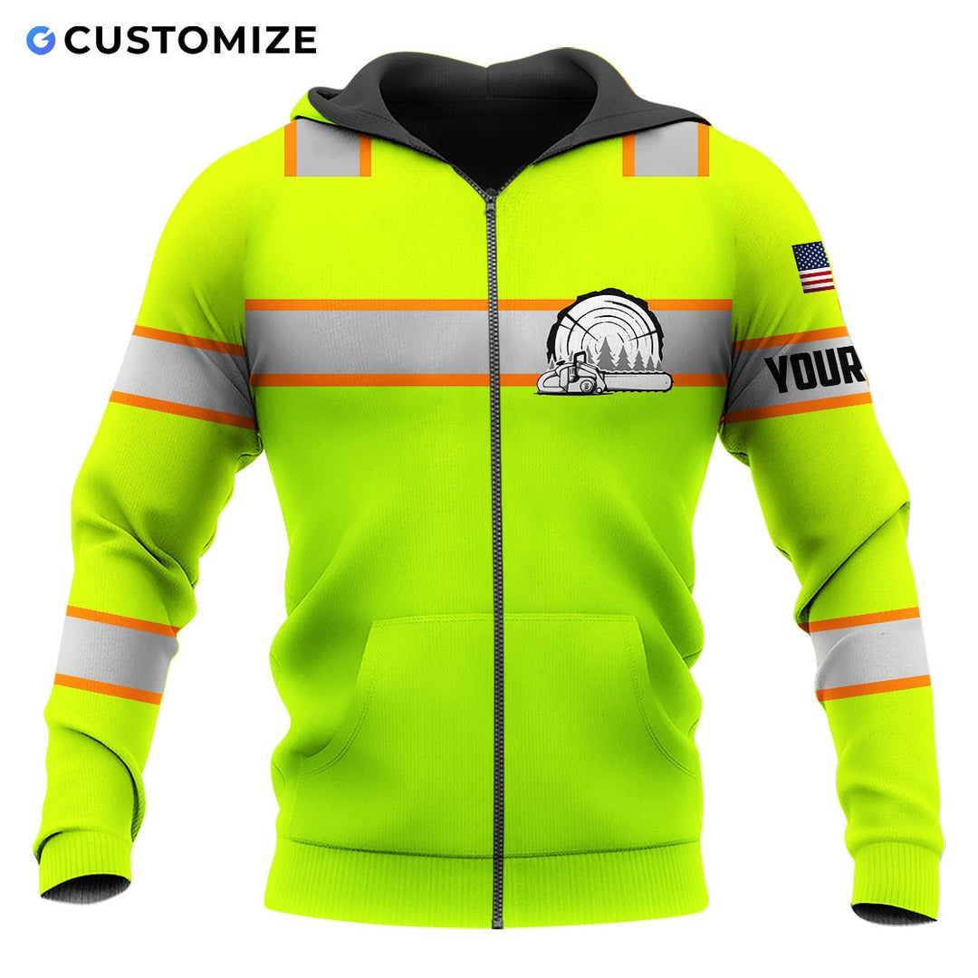 Personalized logger zip hoodie featuring neon yellow orange stripe logger badge all-over print, zip-front design