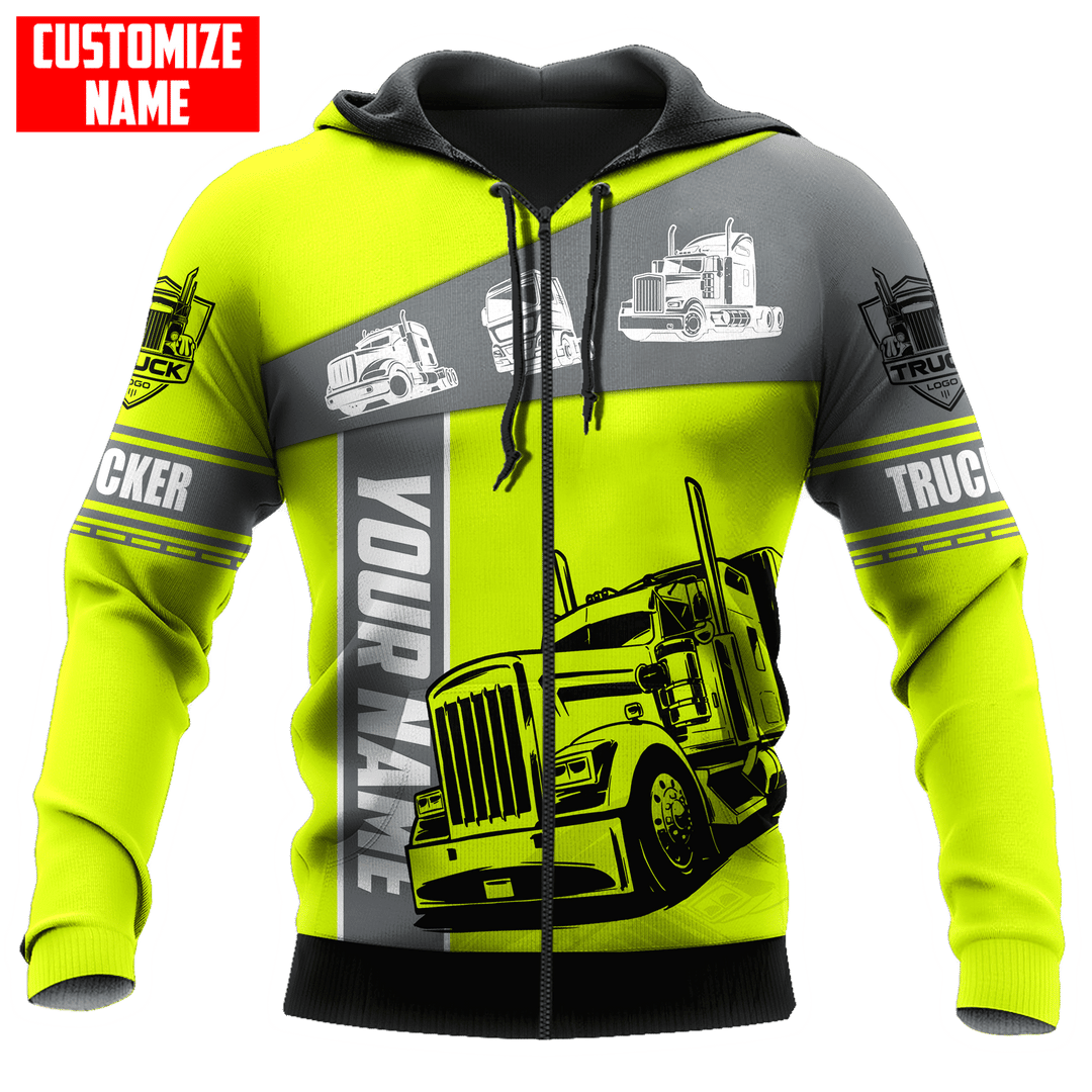 Personalized trucker hoodie featuring yellow grey semi truck panel all-over print