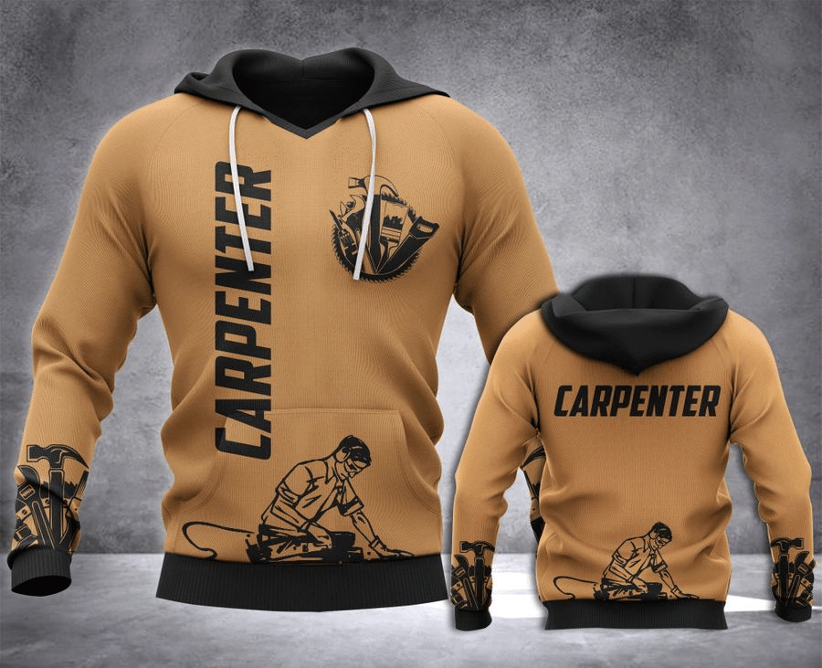 Personalized carpenter hoodie featuring tan carpenter lettering all-over print