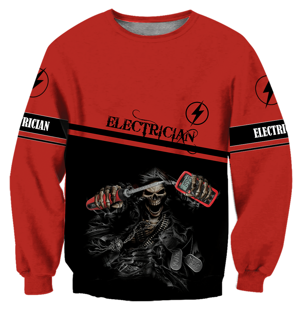 Personalized electrician sweatshirt featuring red black electrician skull all-over print
