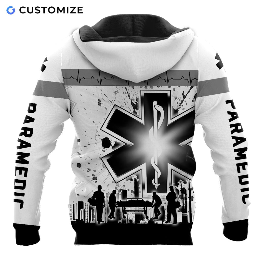 Personalized EMS paramedic hoodie featuring black and white paramedic print all-over print, back view