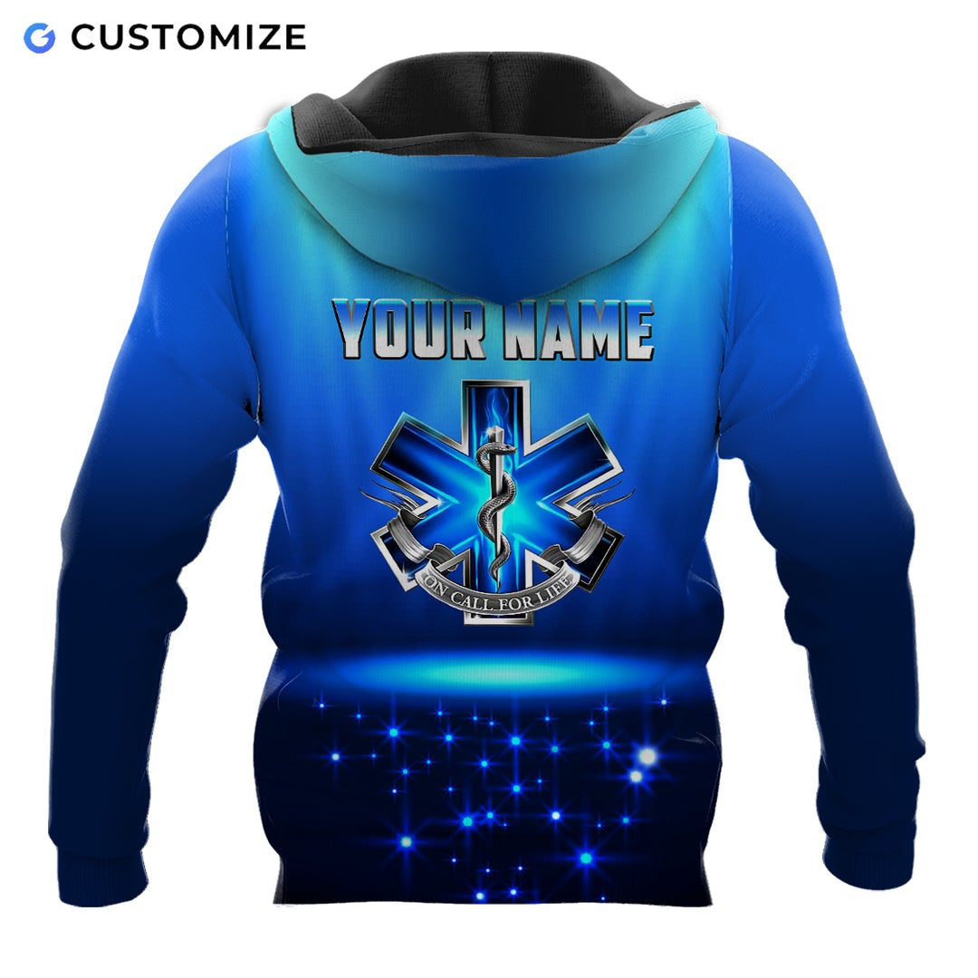 Personalized EMS paramedic hoodie featuring blue ems on call for life all-over print, back view