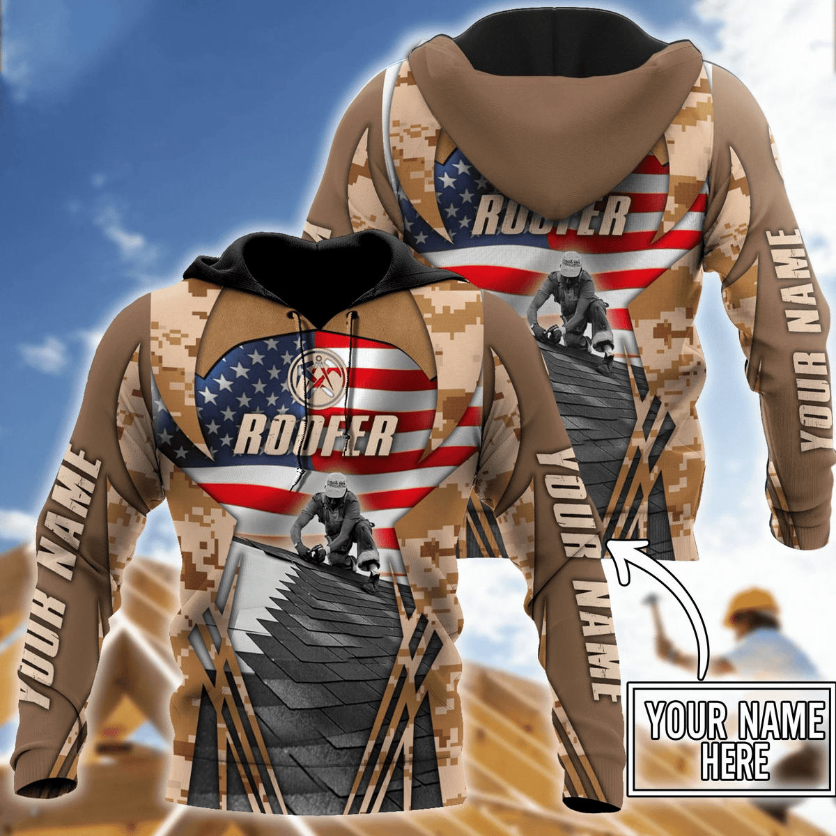 Roofer hoodie featuring tan american flag roofer scene all-over print