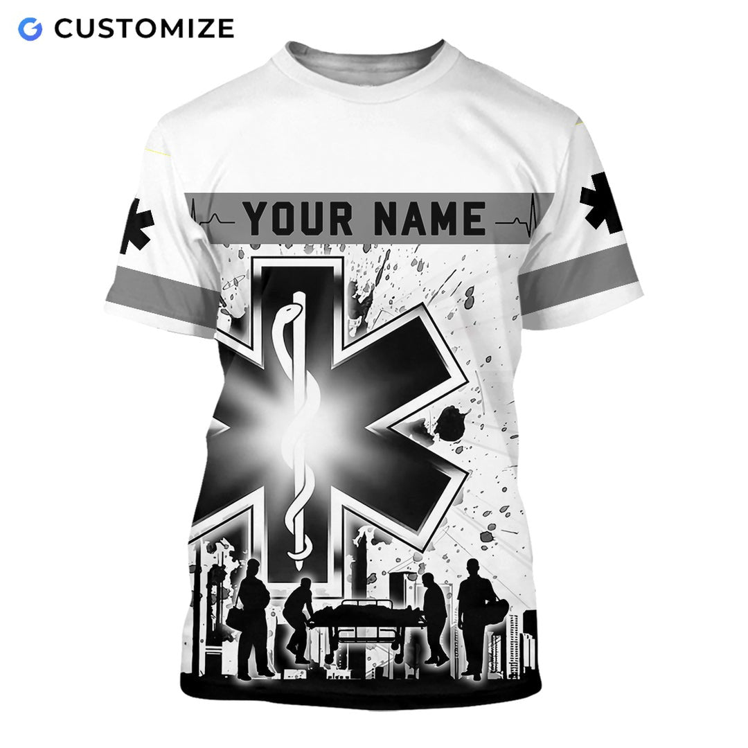 Personalized EMS paramedic t-shirt featuring black and white paramedic print all-over print, short-sleeve design