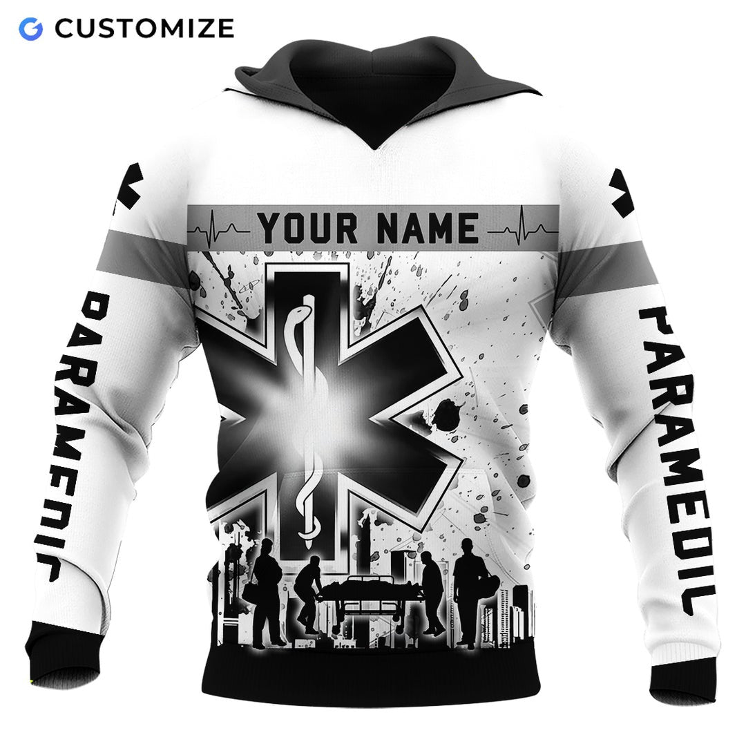 Personalized EMS paramedic hoodie featuring black and white paramedic print all-over print