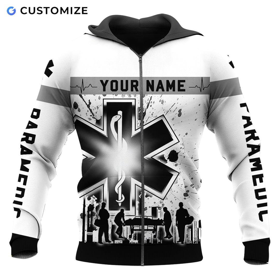 Personalized EMS paramedic zip hoodie featuring black and white paramedic print all-over print, zip-front design
