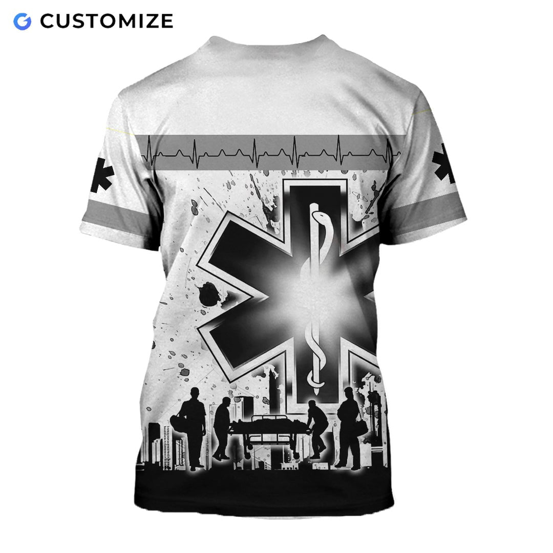 Personalized EMS paramedic t-shirt featuring black and white paramedic print all-over print, back view