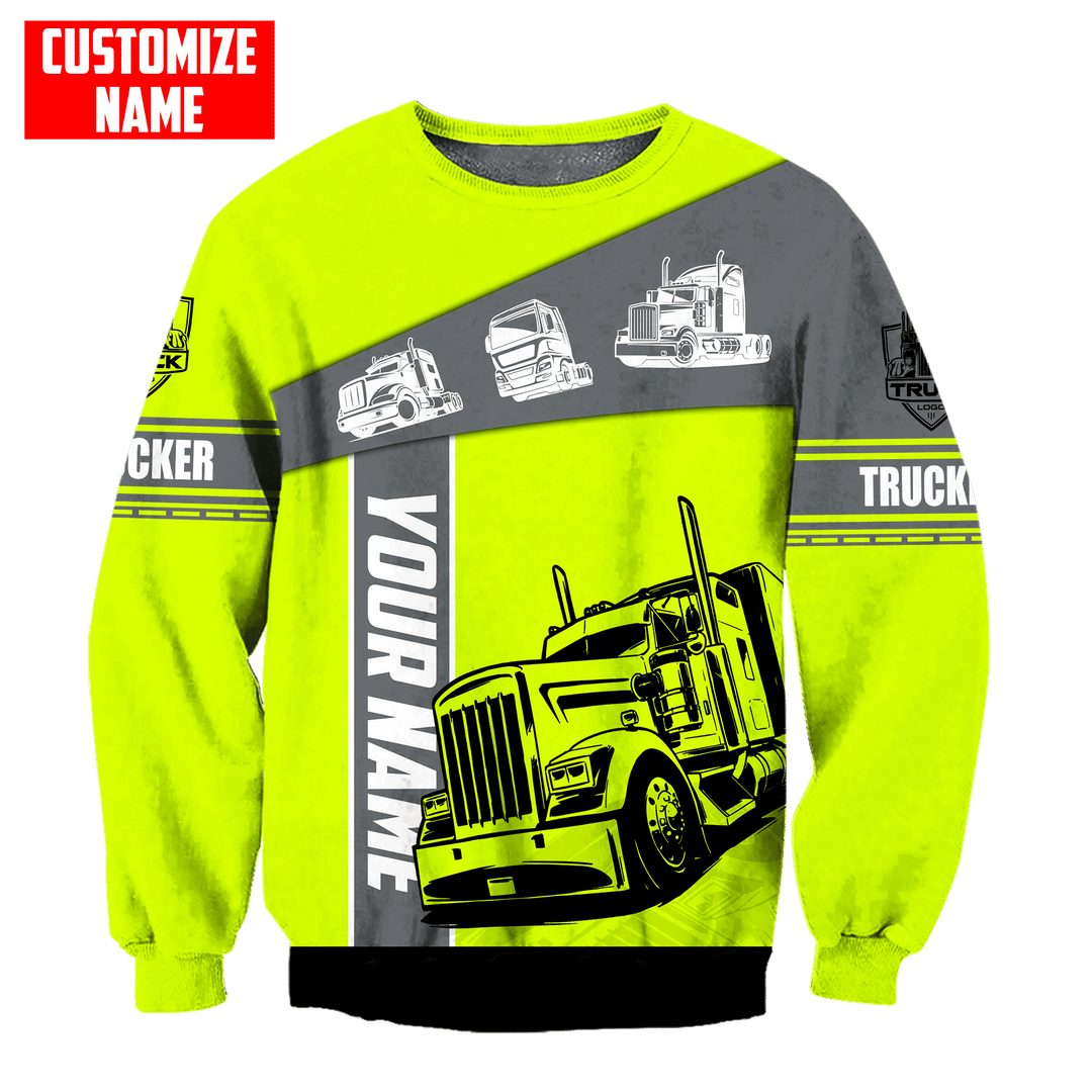 Personalized trucker sweatshirt featuring yellow grey semi truck panel all-over print, crewneck design