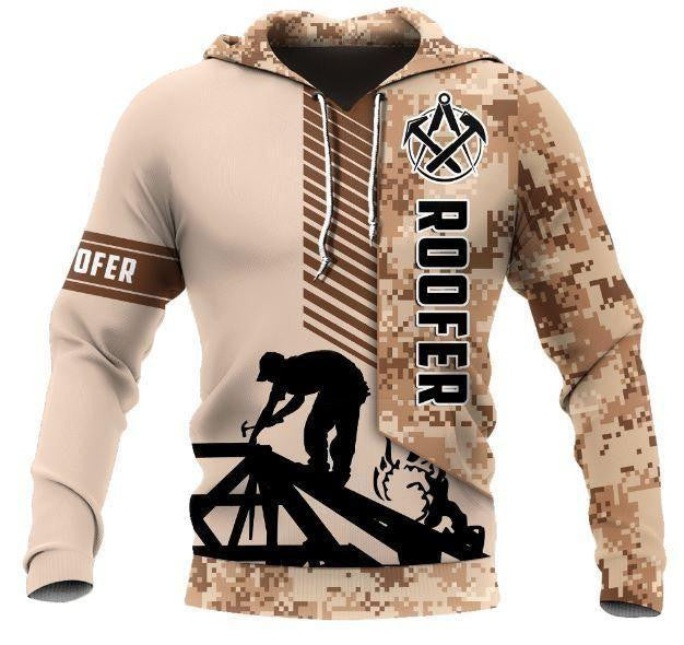 Roofer hoodie featuring tan camouflage roofer silhouette all-over print