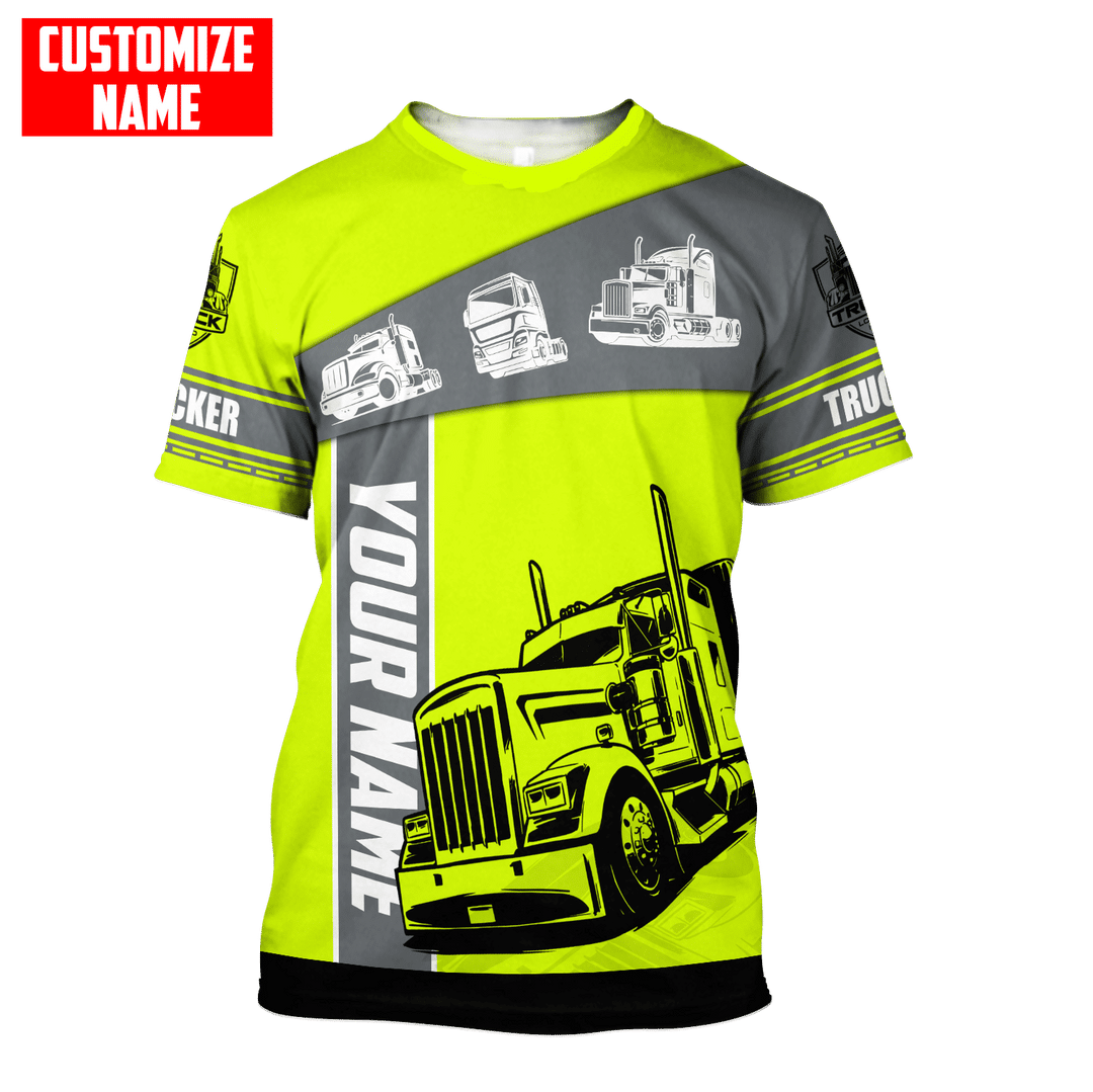 Personalized trucker t-shirt featuring yellow grey semi truck panel all-over print, short-sleeve design