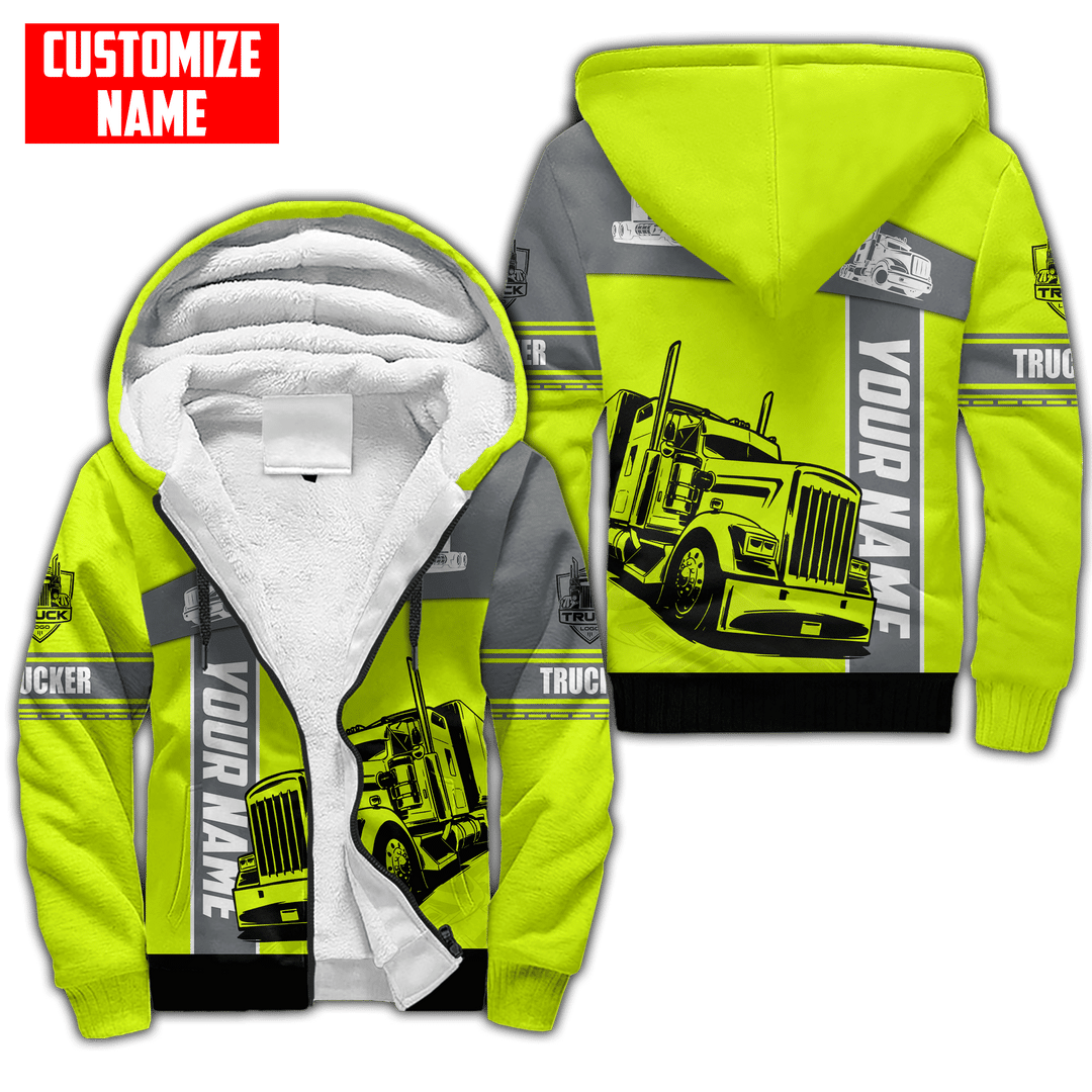 Personalized trucker fleece zip hoodie featuring yellow grey semi truck panel all-over print, fleece lining shown