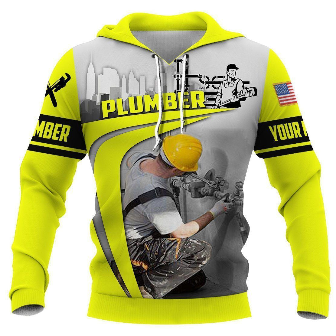 Personalized plumber hoodie featuring yellow grey pipe repair illustration all-over print