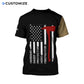 Personalized firefighter t-shirt featuring tan and black skull flag all-over print, back view