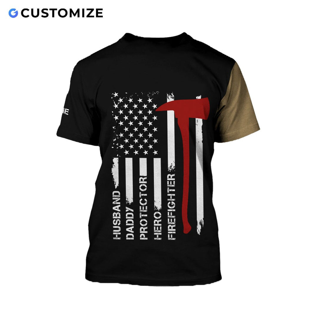 Personalized firefighter t-shirt featuring tan and black skull flag all-over print, back view