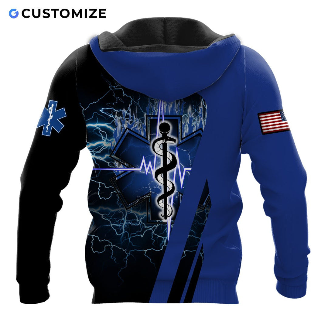 Personalized EMS paramedic hoodie featuring blue star of life lightning all-over print, back view