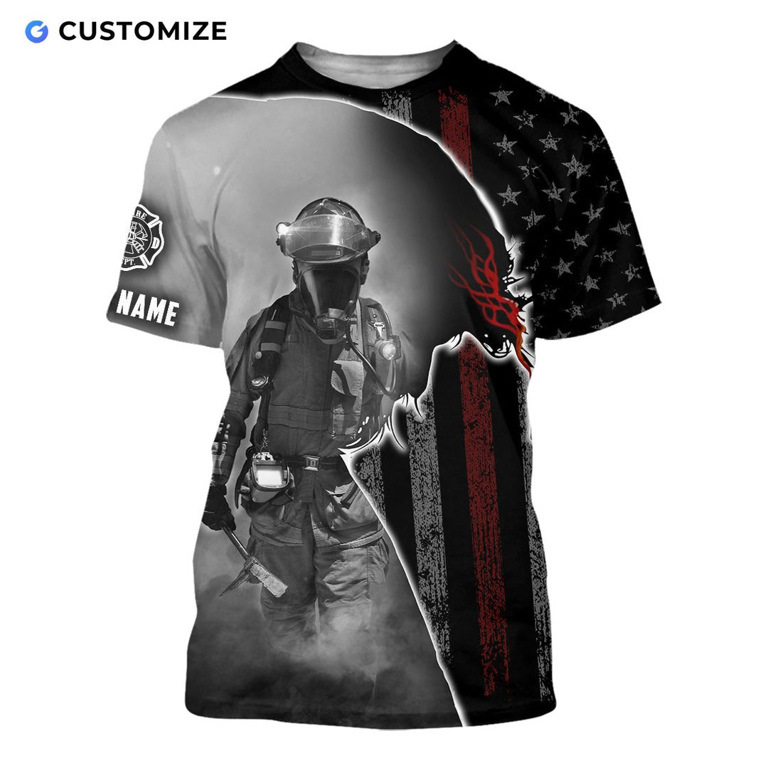 Personalized firefighter t-shirt featuring black and white firefighter flag all-over print, short-sleeve design