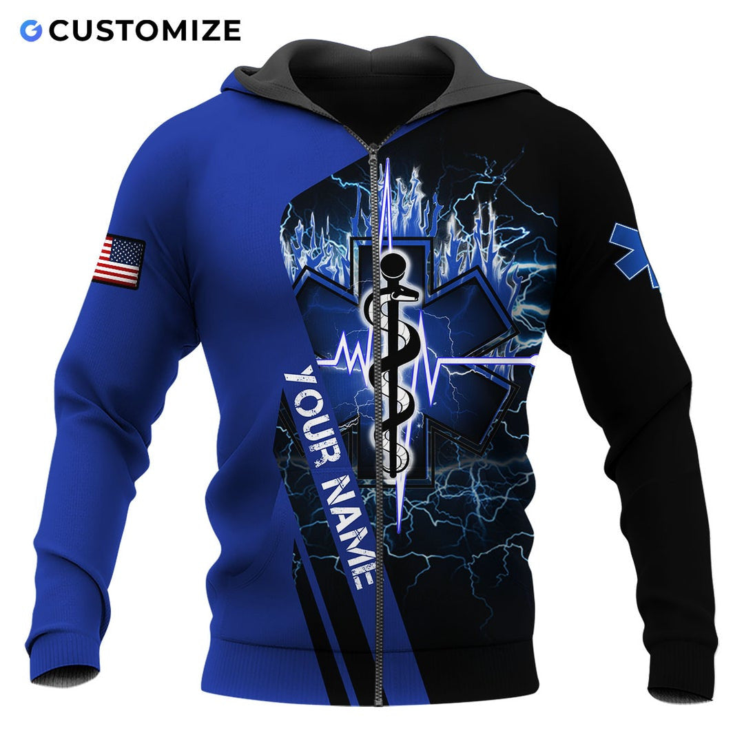Personalized EMS paramedic zip hoodie featuring blue star of life lightning all-over print, zip-front design