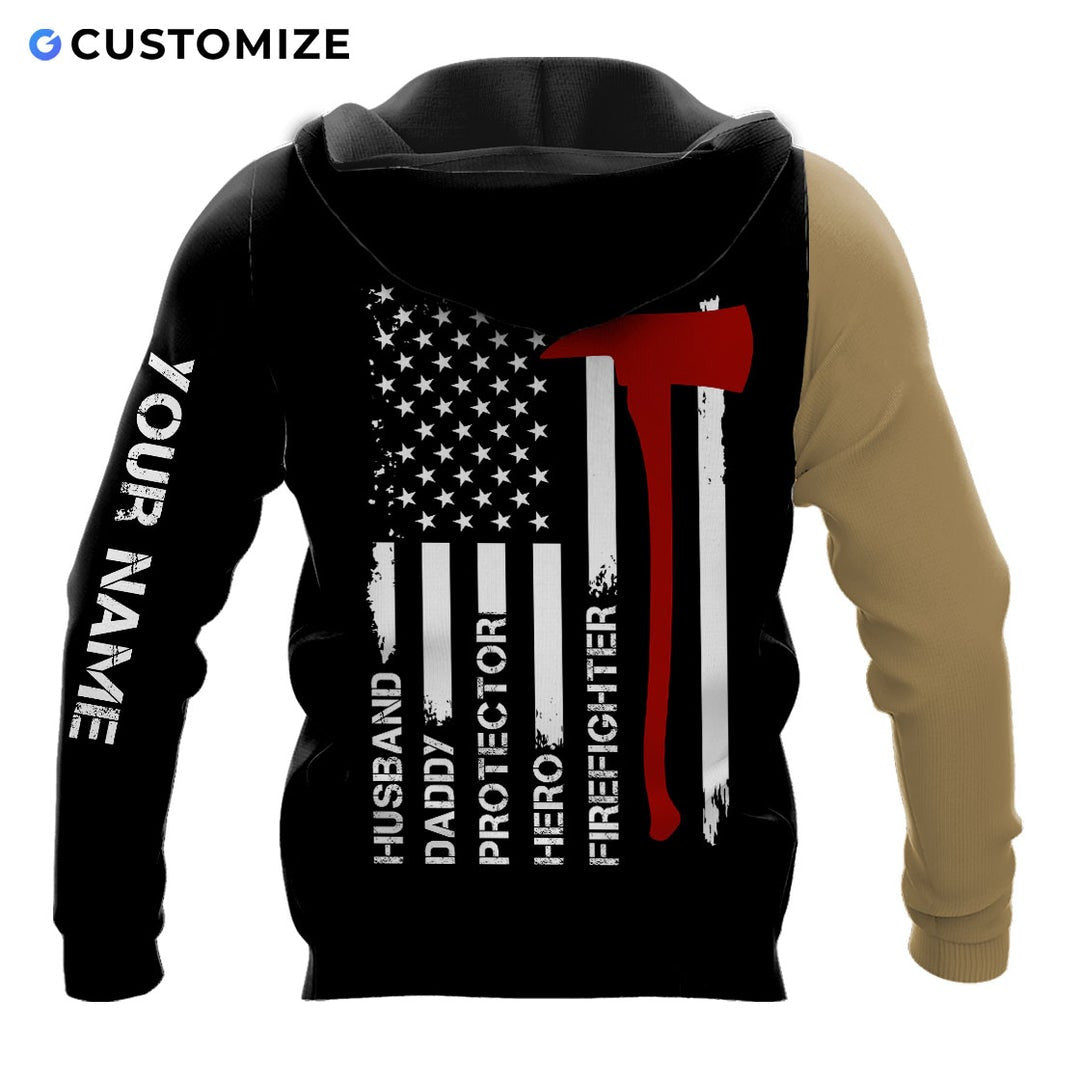 Personalized firefighter hoodie featuring tan and black skull flag all-over print, back view