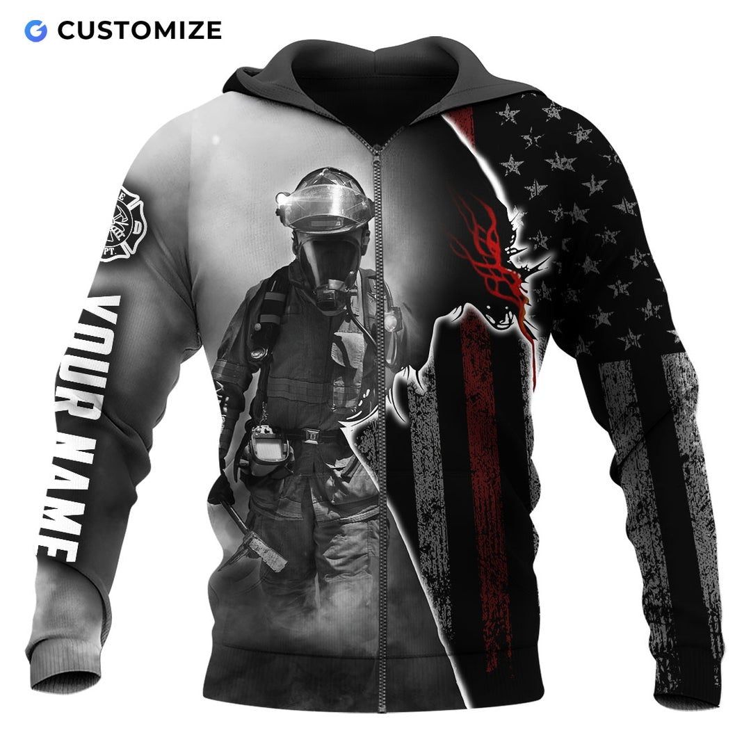 Personalized firefighter zip hoodie featuring black and white firefighter flag all-over print, zip-front design