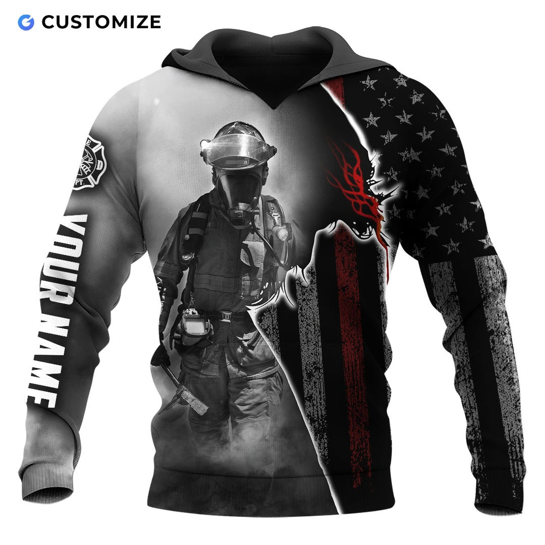 Personalized firefighter hoodie featuring black and white firefighter flag all-over print