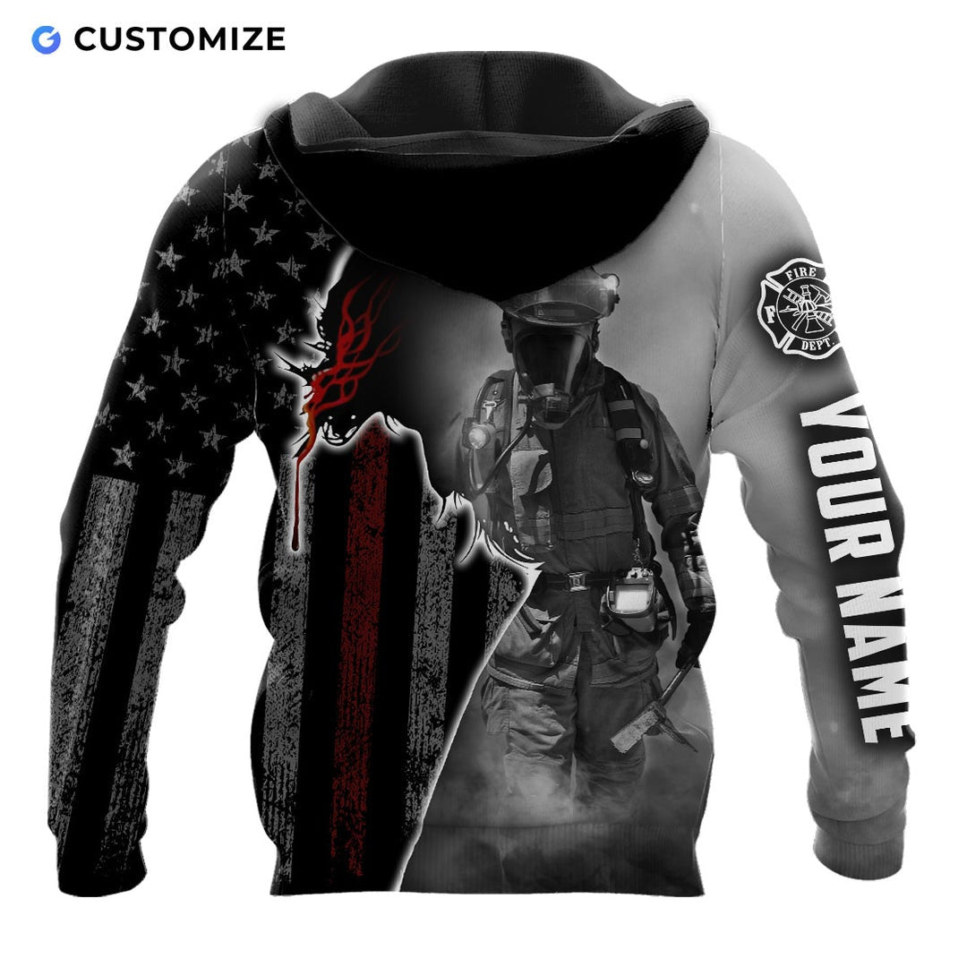 Personalized firefighter hoodie featuring black and white firefighter flag all-over print, back view