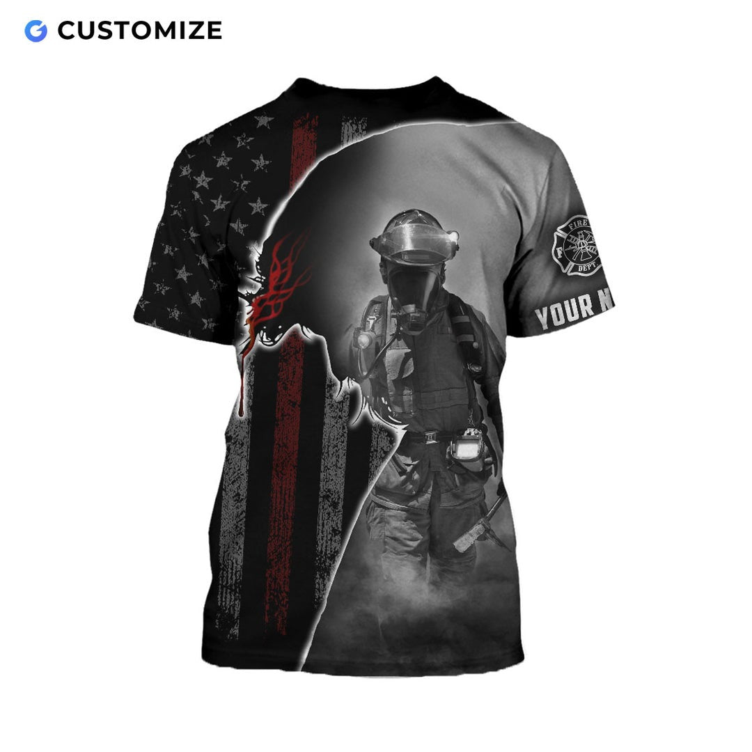 Personalized firefighter t-shirt featuring black and white firefighter flag all-over print, back view