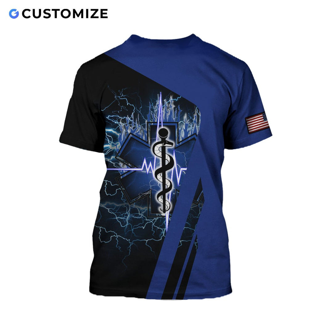 Personalized EMS paramedic t-shirt featuring blue star of life lightning all-over print, back view