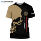 Personalized firefighter t-shirt featuring tan and black skull flag all-over print, short-sleeve design