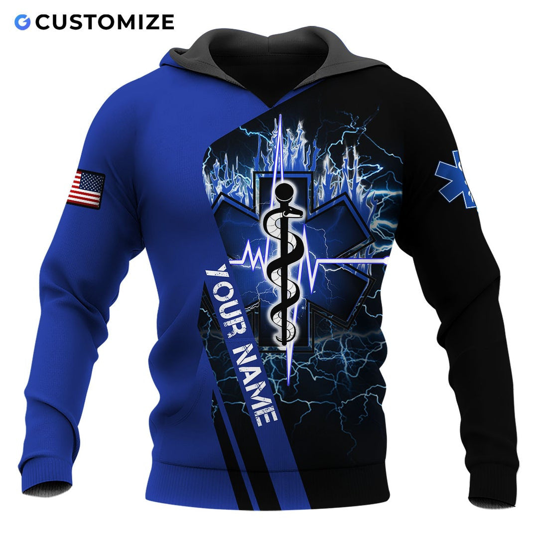 Personalized EMS paramedic hoodie featuring blue star of life lightning all-over print
