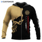 Personalized firefighter zip hoodie featuring tan and black skull flag all-over print, zip-front design