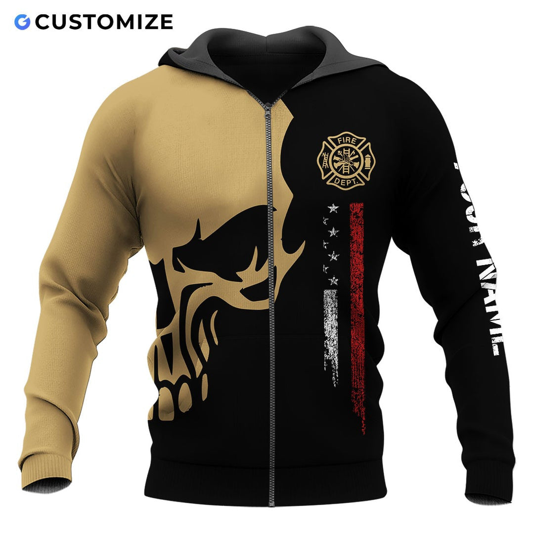 Personalized firefighter zip hoodie featuring tan and black skull flag all-over print, zip-front design