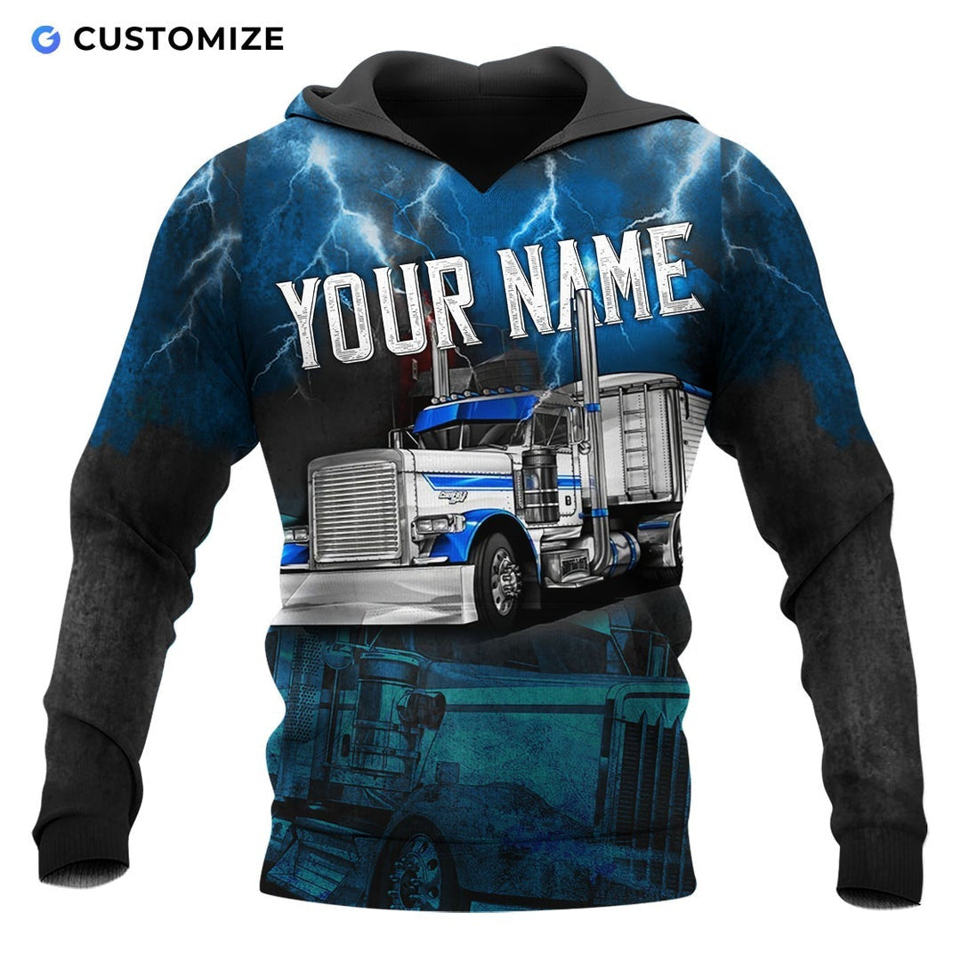 Personalized trucker hoodie featuring blue lightning semi truck all-over print